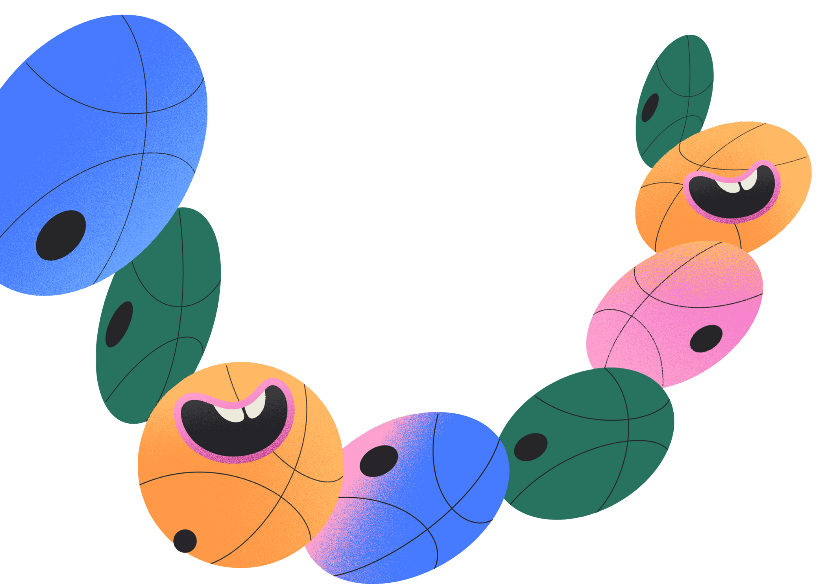 Multiple basketballs repeating in motion.